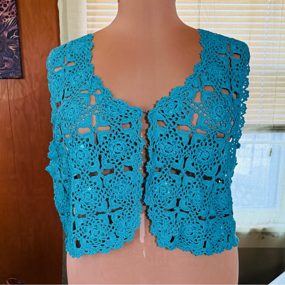 Cervelle Knitted Crop Sweater Vest - Turquoise (Size 1X)